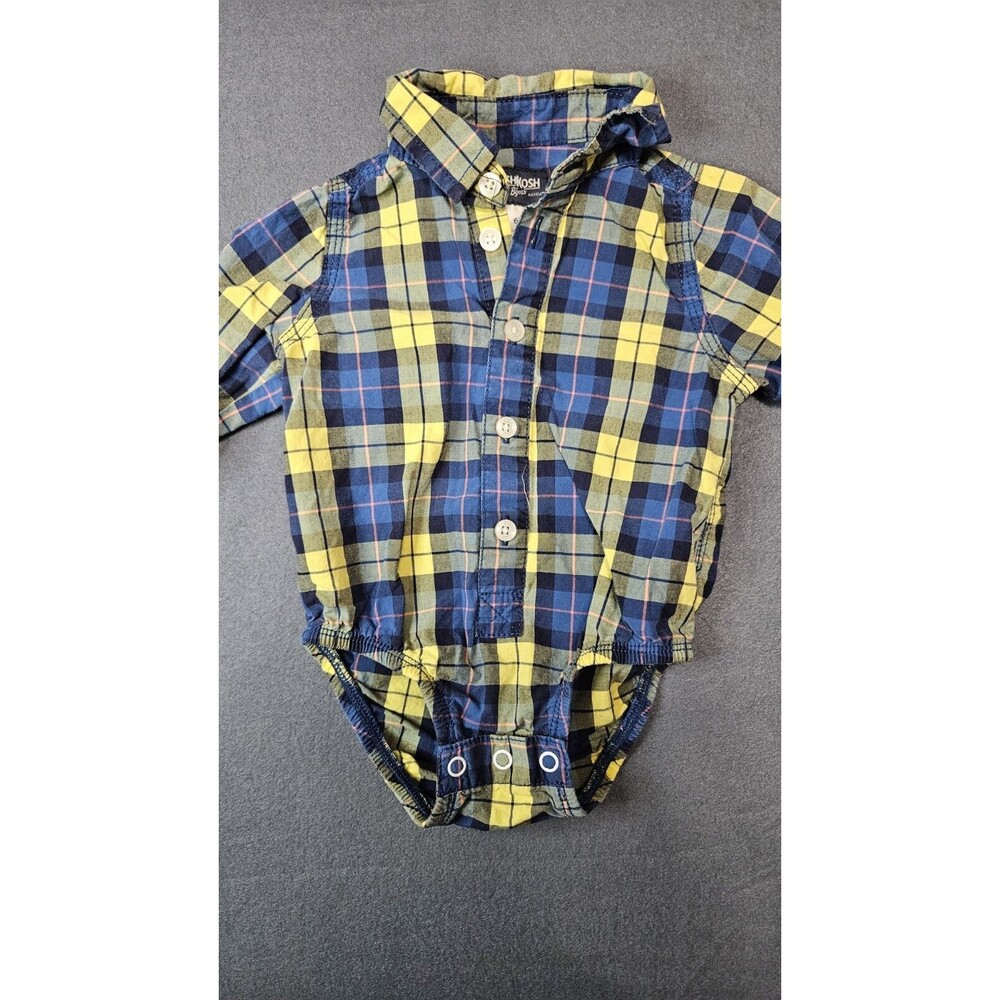 OshKosh B'Gosh Baby Boys Button Up Collar Size 6 Months Plaid Blue Long Sleeve